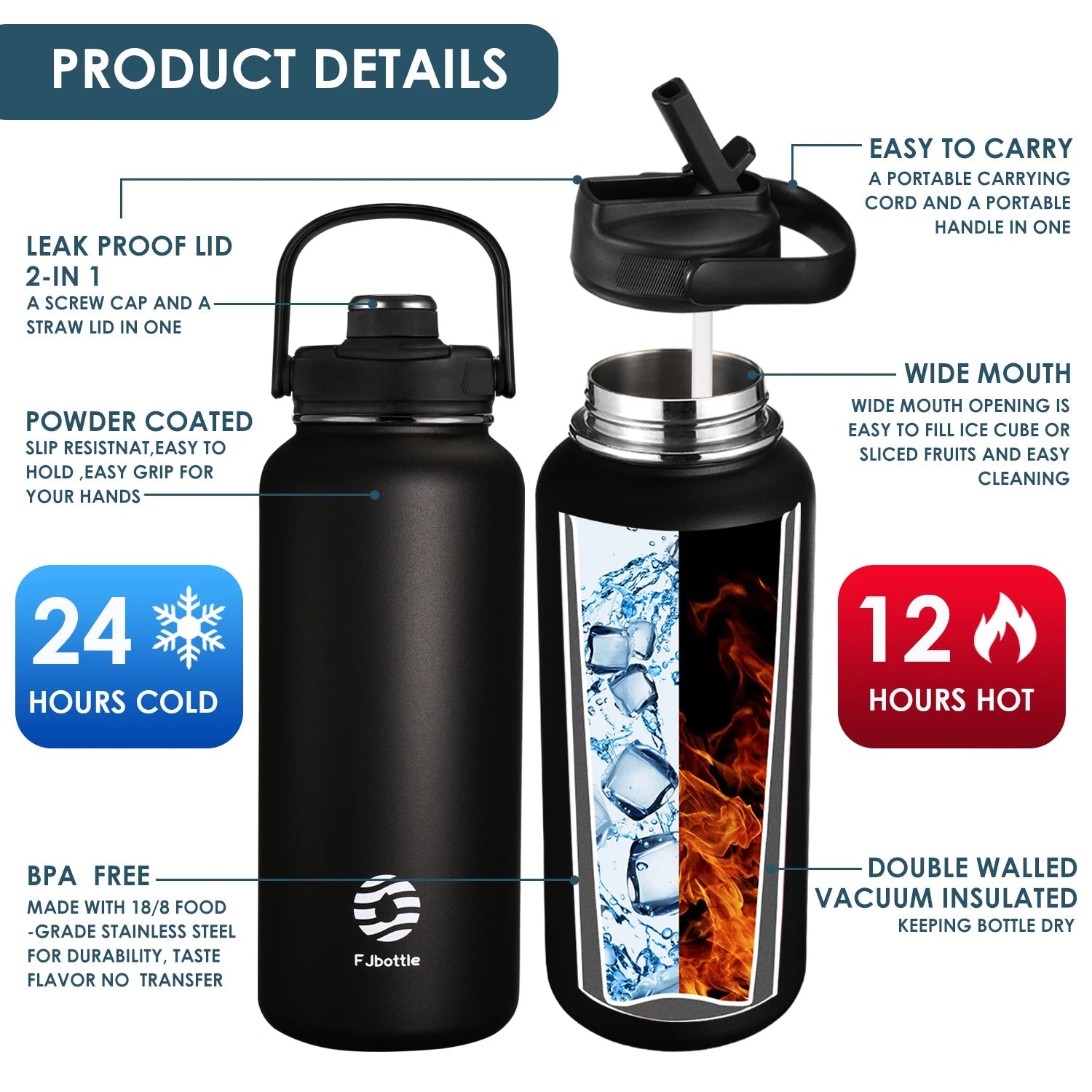 FEIJIAN Thermos Bottle with Straw Sport Stainless Steel Vacuum Flask Insulated Water Bottle with Handle Lid 950/1200mlEstaliosFitEstaliosFit183652567;20260421;1776809386rkdHJ
